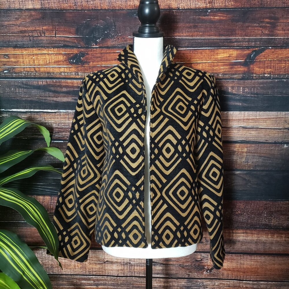 Painted Pony Tapestry Jacket MP Vintage Open Blazer Black Brown Made In USA